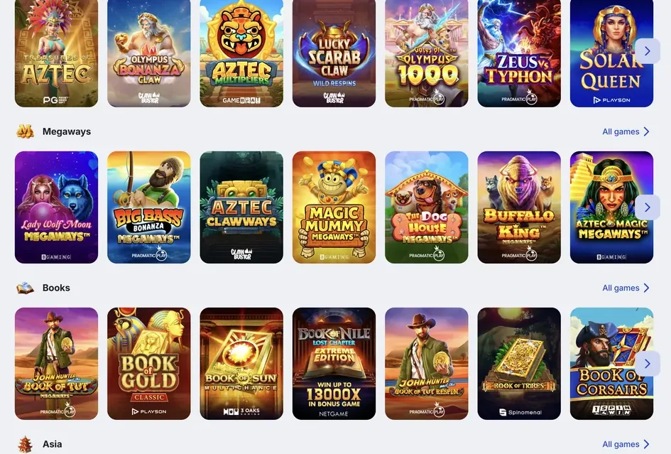 Megaways and Books categories in the Glory Casino Brazil slot catalogue